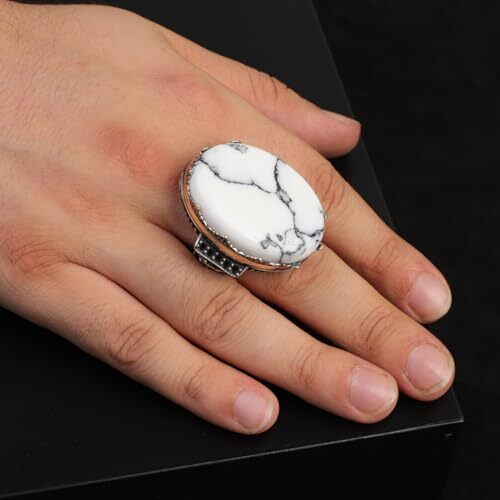 925 Sterling Silver Vintage Ring with White Turquoise - Large Oval Stone, Polished Men's Engagement Ring, Handmade with Engraving, Silver Polishing Cloth Gift Included - 5
