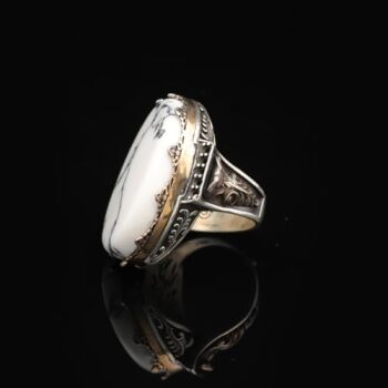 925 Sterling Silver Vintage Ring with White Turquoise - Large Oval Stone, Polished Men's Engagement Ring, Handmade with Engraving, Silver Polishing Cloth Gift Included - 4