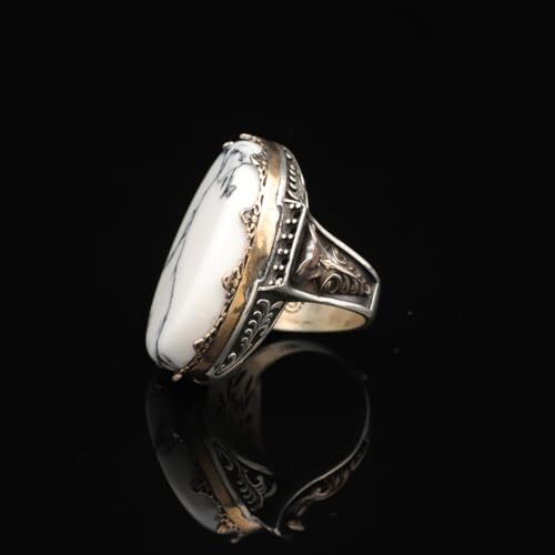 925 Sterling Silver Vintage Ring with White Turquoise - Large Oval Stone, Polished Men's Engagement Ring, Handmade with Engraving, Silver Polishing Cloth Gift Included - 4