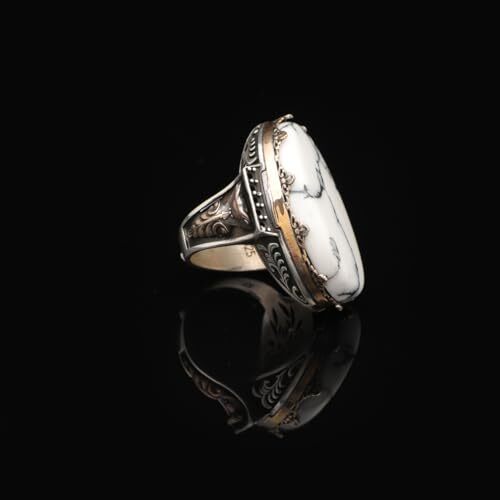 925 Sterling Silver Vintage Ring with White Turquoise - Large Oval Stone, Polished Men's Engagement Ring, Handmade with Engraving, Silver Polishing Cloth Gift Included - 3
