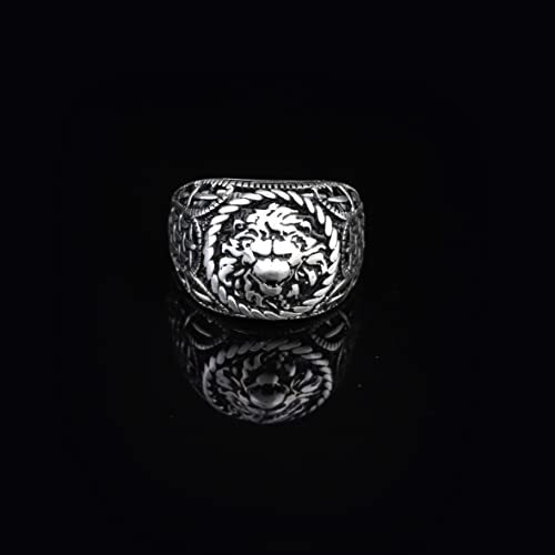 925K Sterling Silver Lion Ring Men,Lion Signet Ring, Oxidized Silver, Wild, Engraved, Gift for Him - 7