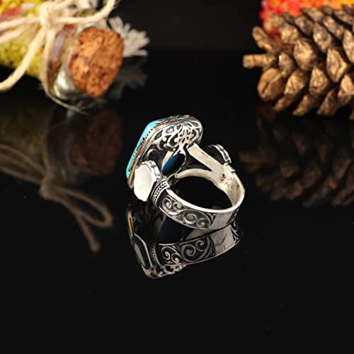 925K Sterling Silver Mens Turquoise Ring, Turquoise Mens Ring, Handcrafted Ottoman, Turkish handmade, Gift for Him - 5