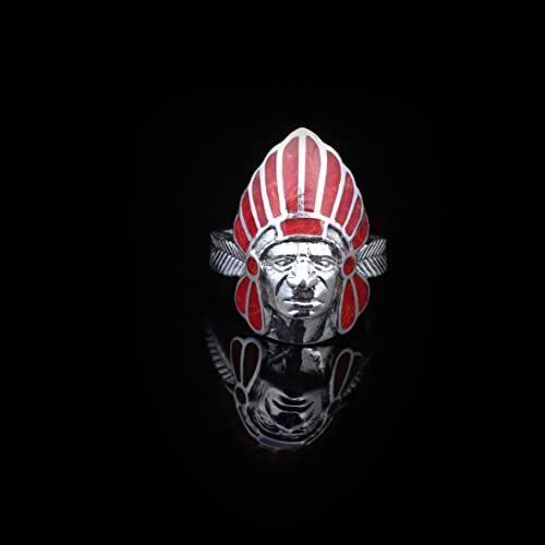 American Indian Chief Handmade Silver Men Ring, Red American Chief Sterling Silver Men Jewelry, Biker Ring, Memorial Gift - 7