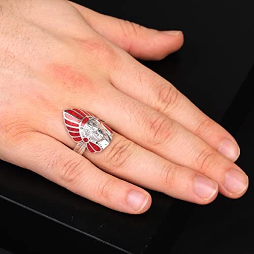 American Indian Chief Handmade Silver Men Ring, Red American Chief Sterling Silver Men Jewelry, Biker Ring, Memorial Gift - 2