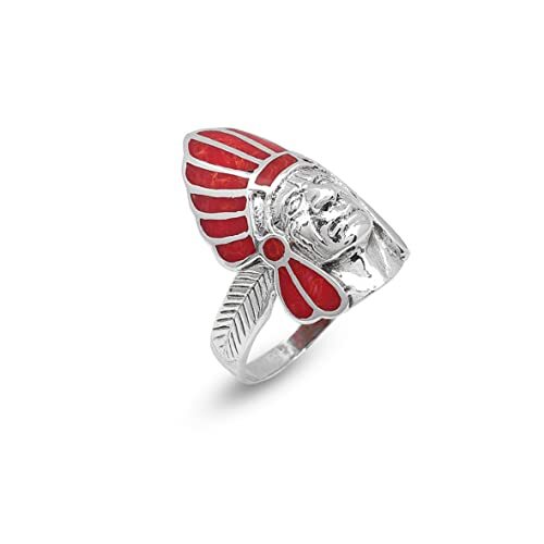 American Indian Chief Handmade Silver Men Ring, Red American Chief Sterling Silver Men Jewelry, Biker Ring, Memorial Gift - 1