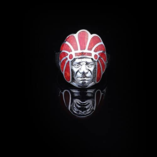 American Indian Chief Handmade Silver Men Ring, Red American Chief Sterling Silver Men Jewelry, Biker Ring, Memorial Gift - 7