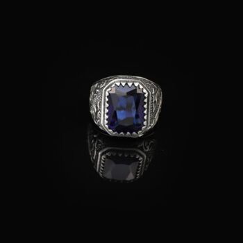 Handmade Blue Sapphire Gemstone Engagement Ring for Men Vintage 925 Sterling Silver, with Silver Polishing Cloth Gift - 7