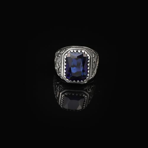 Handmade Blue Sapphire Gemstone Engagement Ring for Men Vintage 925 Sterling Silver, with Silver Polishing Cloth Gift - 7