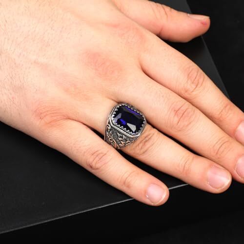 Handmade Blue Sapphire Gemstone Engagement Ring for Men Vintage 925 Sterling Silver, with Silver Polishing Cloth Gift - 6