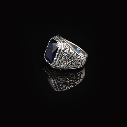 Handmade Blue Sapphire Gemstone Engagement Ring for Men Vintage 925 Sterling Silver, with Silver Polishing Cloth Gift - 4