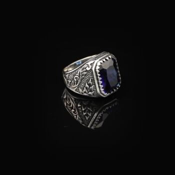 Handmade Blue Sapphire Gemstone Engagement Ring for Men Vintage 925 Sterling Silver, with Silver Polishing Cloth Gift - 3