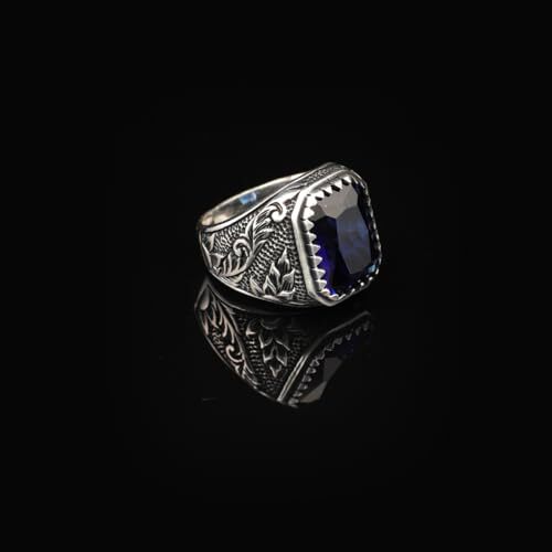 Handmade Blue Sapphire Gemstone Engagement Ring for Men Vintage 925 Sterling Silver, with Silver Polishing Cloth Gift - 3