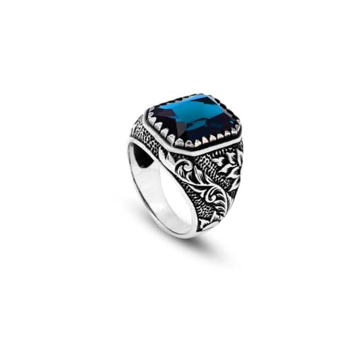 Handmade Blue Sapphire Gemstone Engagement Ring for Men Vintage 925 Sterling Silver, with Silver Polishing Cloth Gift - 1