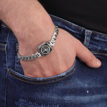 Handmade Compass Men's Bracelet, Made to Order 925 Sterling Silver Personalized Gothic Vintage Pattern Chain Bracelet with Hand-Engraved Detail - 2