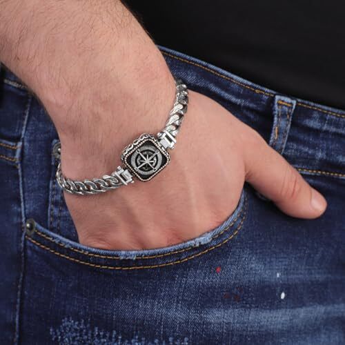 Handmade Compass Men's Bracelet, Made to Order 925 Sterling Silver Personalized Gothic Vintage Pattern Chain Bracelet with Hand-Engraved Detail - 2