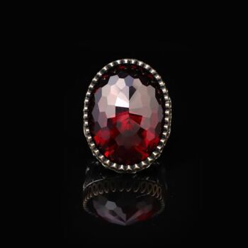 Handmade Garnet Ring with Oval Stone - Vintage Ottoman Style Men's 925 Sterling Silver Gemstone Ring + Silver Polishing Cloth Gift - 7