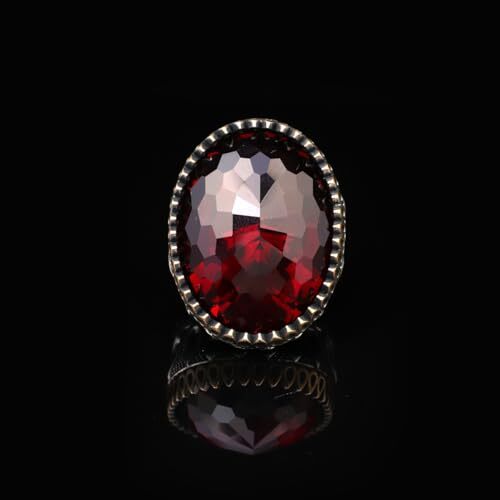 Handmade Garnet Ring with Oval Stone - Vintage Ottoman Style Men's 925 Sterling Silver Gemstone Ring + Silver Polishing Cloth Gift - 7