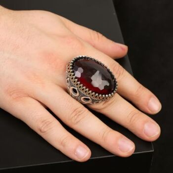 Handmade Garnet Ring with Oval Stone - Vintage Ottoman Style Men's 925 Sterling Silver Gemstone Ring + Silver Polishing Cloth Gift - 6