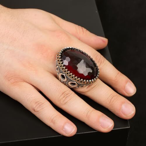 Handmade Garnet Ring with Oval Stone - Vintage Ottoman Style Men's 925 Sterling Silver Gemstone Ring + Silver Polishing Cloth Gift - 6