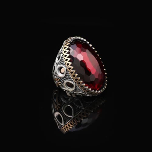 Handmade Garnet Ring with Oval Stone - Vintage Ottoman Style Men's 925 Sterling Silver Gemstone Ring + Silver Polishing Cloth Gift - 3