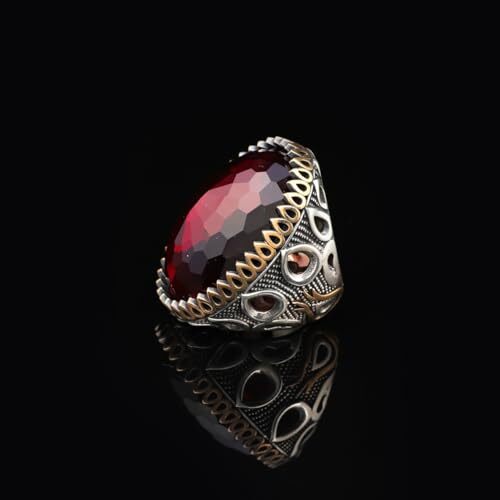 Handmade Garnet Ring with Oval Stone - Vintage Ottoman Style Men's 925 Sterling Silver Gemstone Ring + Silver Polishing Cloth Gift - 2