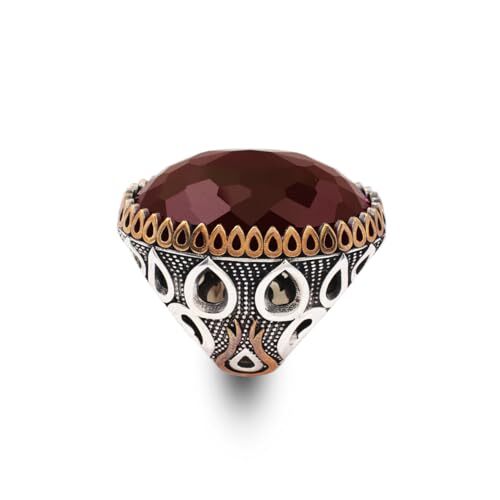Handmade Garnet Ring with Oval Stone - Vintage Ottoman Style Men's 925 Sterling Silver Gemstone Ring + Silver Polishing Cloth Gift - 1