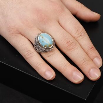 Handmade Genuine Turquoise Men's Ring - 925 Sterling Silver Gemstone Jewelry with Silver Polishing Cloth Gift - 6