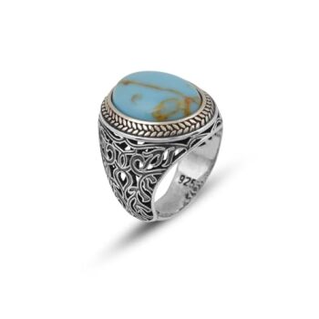 Handmade Genuine Turquoise Men's Ring - 925 Sterling Silver Gemstone Jewelry with Silver Polishing Cloth Gift - 1