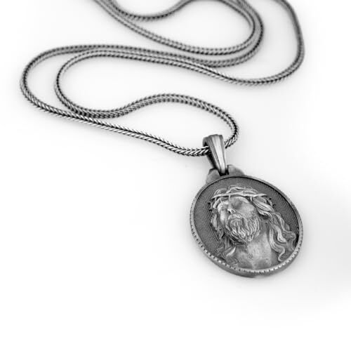 Handmade Jesus Necklace - Christian Sterling Silver Necklace for Men with Gothic Oxidized Chain and Silver Polishing Cloth Gift - 4