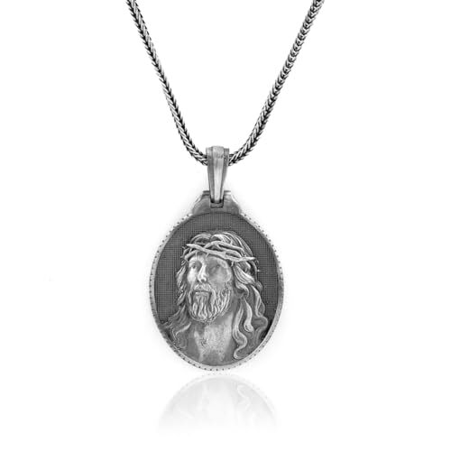 Handmade Jesus Necklace - Christian Sterling Silver Necklace for Men with Gothic Oxidized Chain and Silver Polishing Cloth Gift - 1