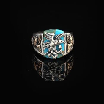 Handmade Snake Ring with Eagle Model - Men's Turquoise Signet Pinky Ring in Sterling Silver - Custom Engraving Vintage Engagement - Gift Silver Polishing Cloth Included - 7