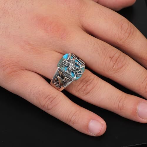 Handmade Snake Ring with Eagle Model - Men's Turquoise Signet Pinky Ring in Sterling Silver - Custom Engraving Vintage Engagement - Gift Silver Polishing Cloth Included - 5