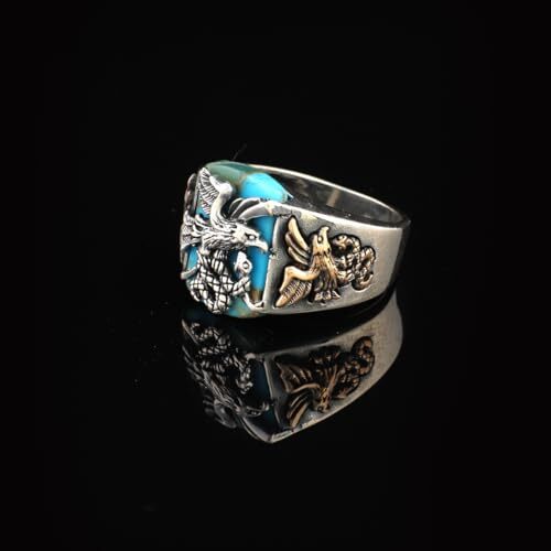 Handmade Snake Ring with Eagle Model - Men's Turquoise Signet Pinky Ring in Sterling Silver - Custom Engraving Vintage Engagement - Gift Silver Polishing Cloth Included - 4