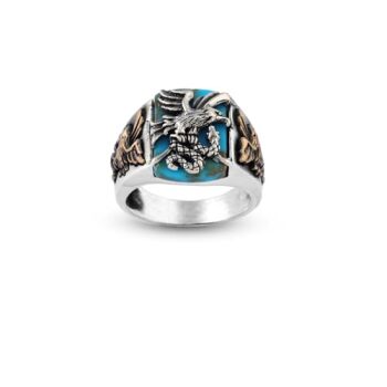 Handmade Snake Ring with Eagle Model - Men's Turquoise Signet Pinky Ring in Sterling Silver - Custom Engraving Vintage Engagement - Gift Silver Polishing Cloth Included - 1
