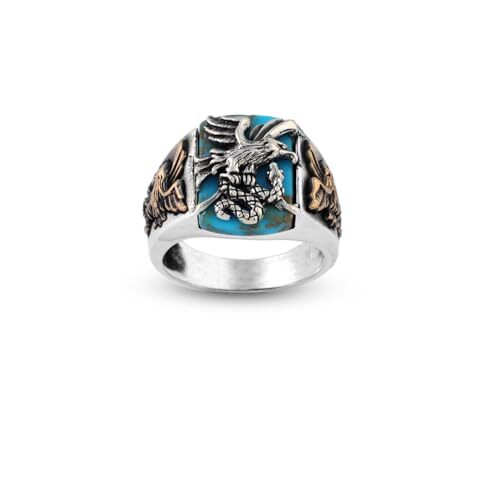 Handmade Snake Ring with Eagle Model - Men's Turquoise Signet Pinky Ring in Sterling Silver - Custom Engraving Vintage Engagement - Gift Silver Polishing Cloth Included - 1