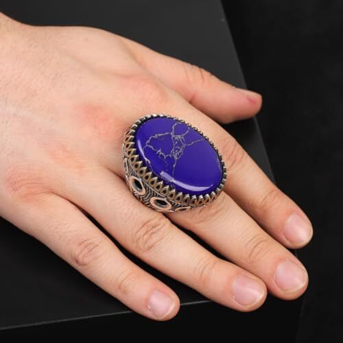 Lapis Lazuli Oval Gemstone Ring - Large Handmade Ottoman Style 925 Sterling Silver Men's Ring with Silver Polishing Cloth Gift - 5