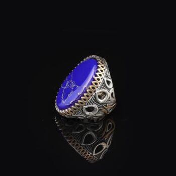 Lapis Lazuli Oval Gemstone Ring - Large Handmade Ottoman Style 925 Sterling Silver Men's Ring with Silver Polishing Cloth Gift - 4