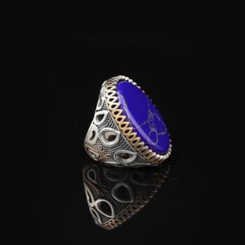 Lapis Lazuli Oval Gemstone Ring - Large Handmade Ottoman Style 925 Sterling Silver Men's Ring with Silver Polishing Cloth Gift - 3