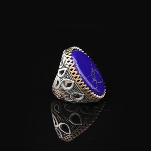 Lapis Lazuli Oval Gemstone Ring - Large Handmade Ottoman Style 925 Sterling Silver Men's Ring with Silver Polishing Cloth Gift - 3