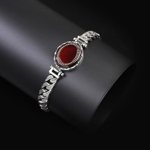 Made to Order Personalized Gothic Vintage Pattern 925 Sterling Silver Chain Bracelet for Men with Oval Carnelian Gemstone - Hand-Engraved Handmade Bracelet - 3