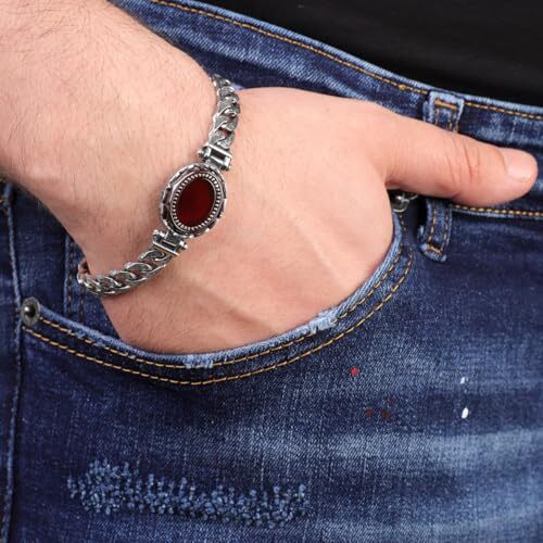Made to Order Personalized Gothic Vintage Pattern 925 Sterling Silver Chain Bracelet for Men with Oval Carnelian Gemstone - Hand-Engraved Handmade Bracelet - 2