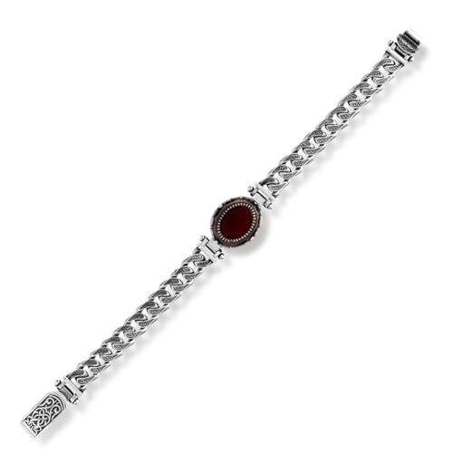 Made to Order Personalized Gothic Vintage Pattern 925 Sterling Silver Chain Bracelet for Men with Oval Carnelian Gemstone - Hand-Engraved Handmade Bracelet - 1