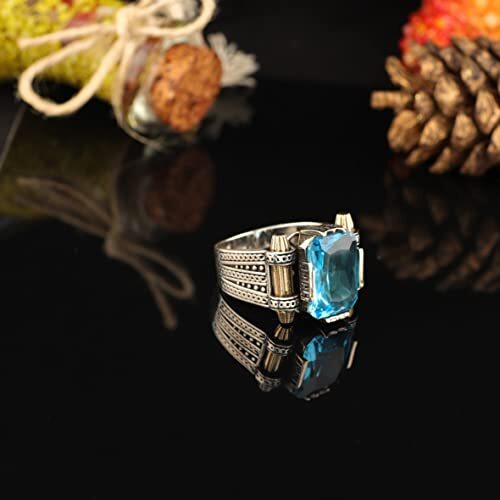 Man Silver Aquamarine Stone Ring, Blue Aquamarine Stone Ring, Vintage, Turkısh Ottoman, 925k Sterling Silver - 7