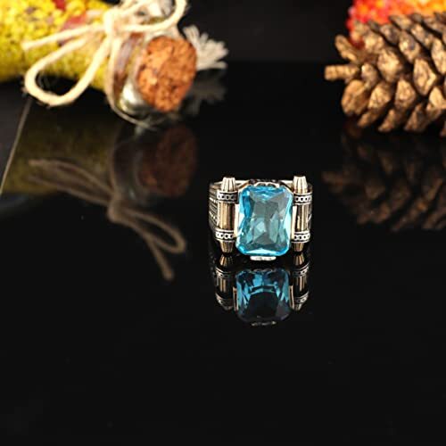 Man Silver Aquamarine Stone Ring, Blue Aquamarine Stone Ring, Vintage, Turkısh Ottoman, 925k Sterling Silver - 6