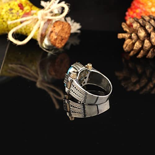 Man Silver Aquamarine Stone Ring, Blue Aquamarine Stone Ring, Vintage, Turkısh Ottoman, 925k Sterling Silver - 4