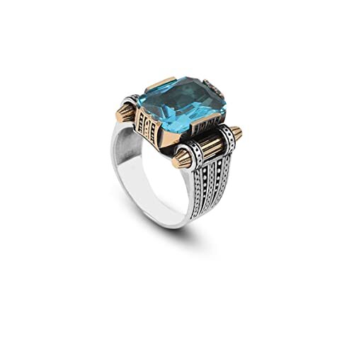 Man Silver Aquamarine Stone Ring, Blue Aquamarine Stone Ring, Vintage, Turkısh Ottoman, 925k Sterling Silver - 1