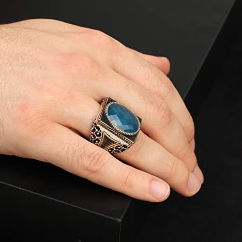 Man Silver Aquamarine Stone Ring, Blue Aquamarine Stone Ring, Vintage Men Ring, Turkısh Ottoman Men Ring, 925k Sterling Silver Ring - 2