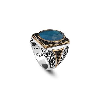 Man Silver Aquamarine Stone Ring, Blue Aquamarine Stone Ring, Vintage Men Ring, Turkısh Ottoman Men Ring, 925k Sterling Silver Ring - 1