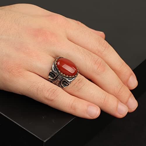 Men Handmade Carnelian Stone Ring, Red Stone, Carnelian Silver Ottoman Style Handmade Ring, Sterling Silver,Gift For Him, - 2