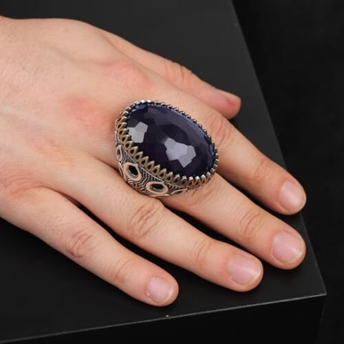 Men's Blue Sapphire Ring - Oval Gemstone in Large Ottoman Design - Handmade 925 Sterling Silver Ring with Silver Polishing Cloth Gift - 5